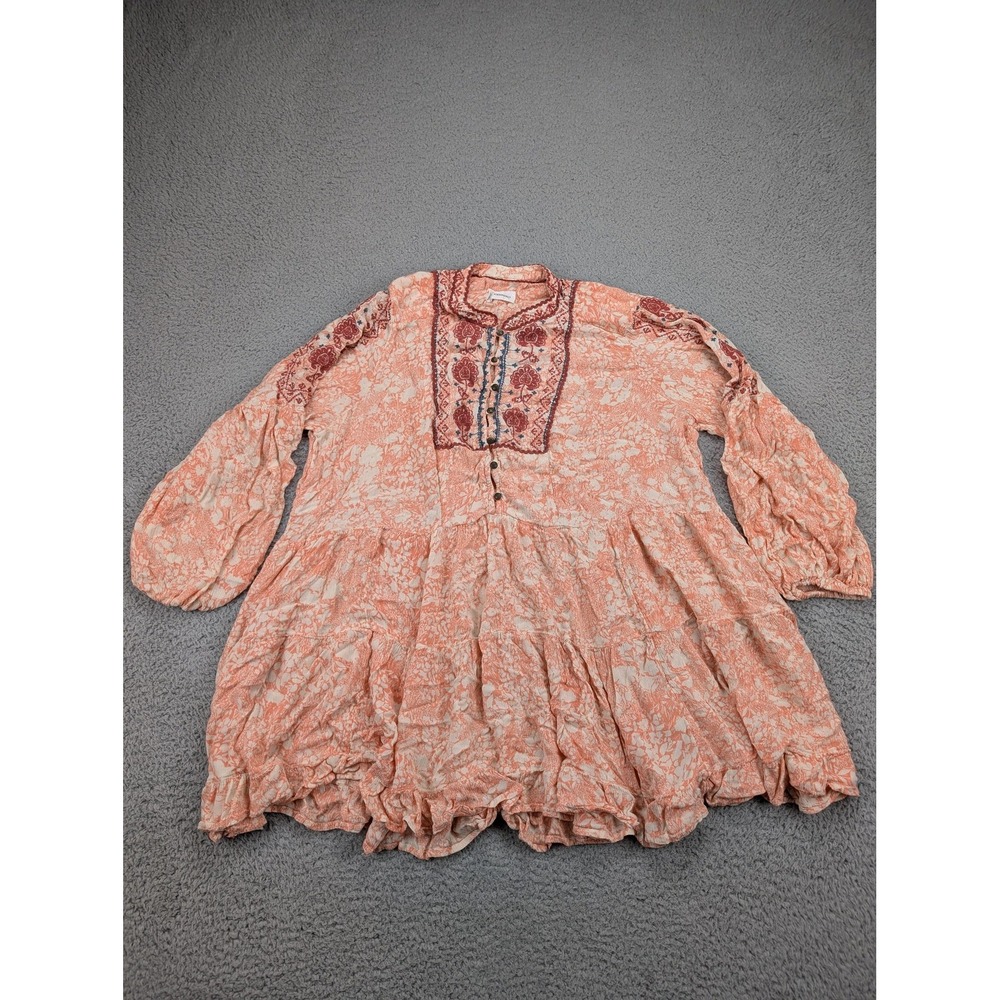 Anthropologie Peach Floral Tiered Tunic with Embroidered Yoke